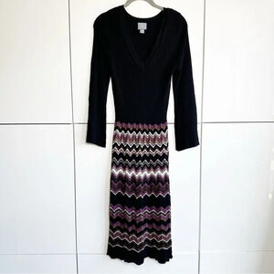 Vintage 90s Rabbit Rabbit Rabbit Knit Sweater Dress Medium Chevron Midi Black
